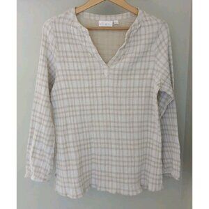 Belle Kim Gravel Pucker Perfect Plaid 100% Cotton Popover TopSize 1X Tan Gauzy